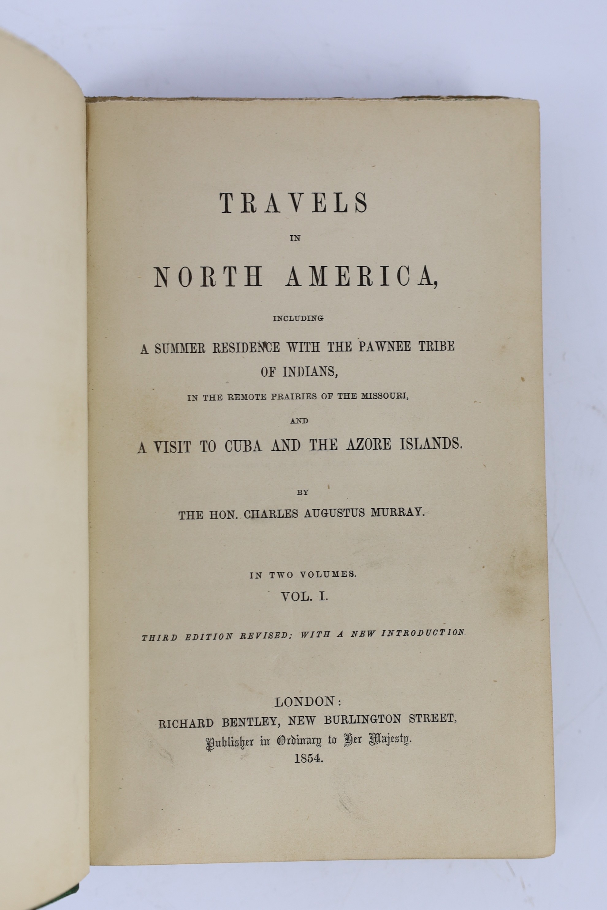 Murray, Charles Augustus - Travels in North America, including a summer residence with the Pawnee Tribe of Indians ... 3rd edition, revised (etc.), 2 vols, publisher's blind-decorated and gilt lettered cloth, partly unop